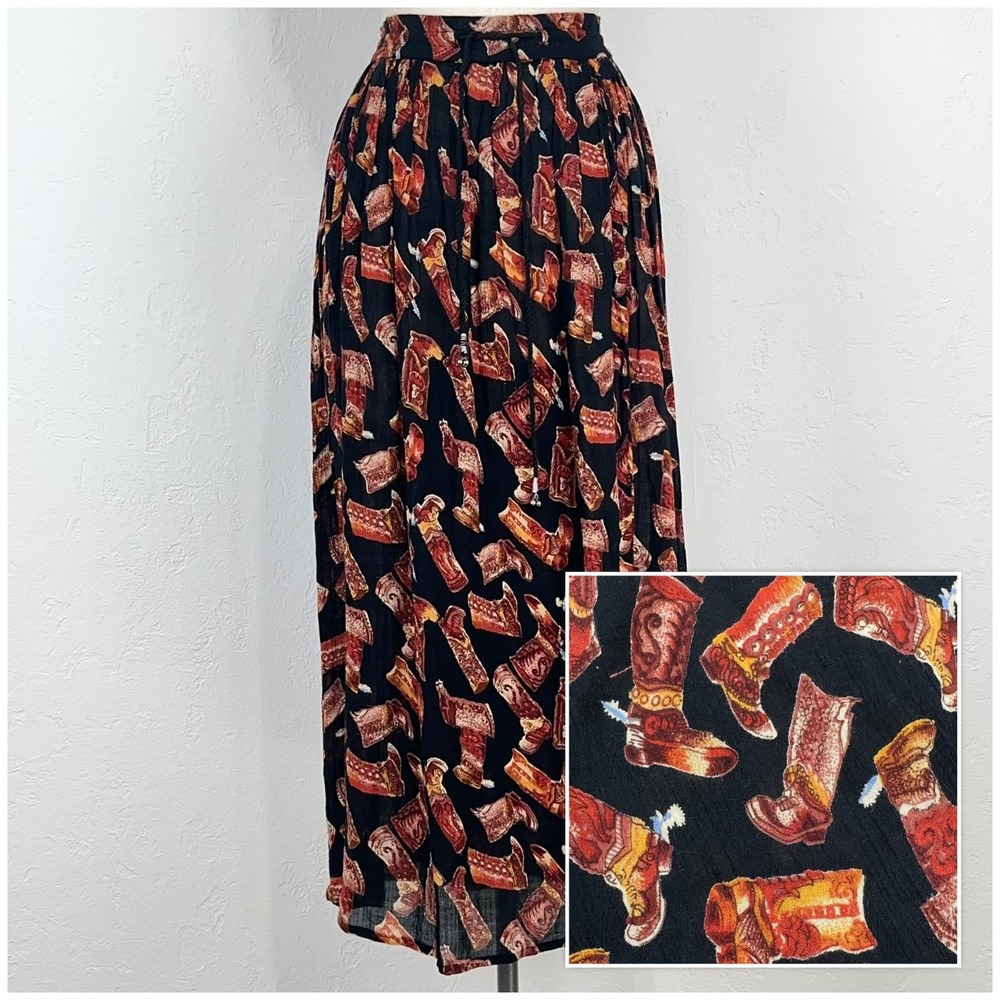 Womens Western Cowgirl Concert Maxi Skirt Size Large Boot Print Boho Festival